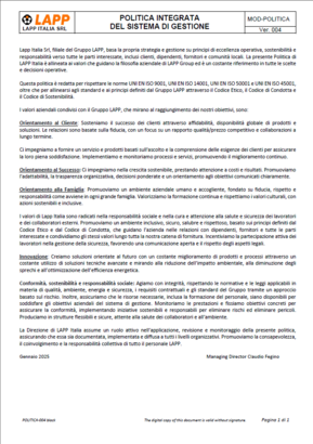 POLITICA INTEGRATA DEL SISTEMA DI GESTIONE POLITICA INTEGRATA DEL SISTEMA DI GESTIONE